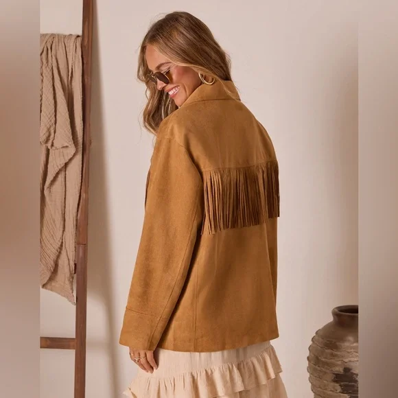 VICI Even Ember Suede Fringe Jacket in Camel, Size Small - Picture 4 of 12